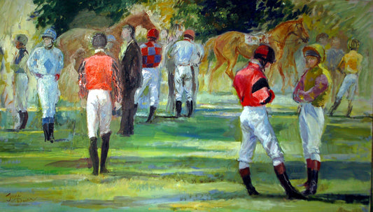 Jockies Preparing to Mount - Original painting by Jane Dunn