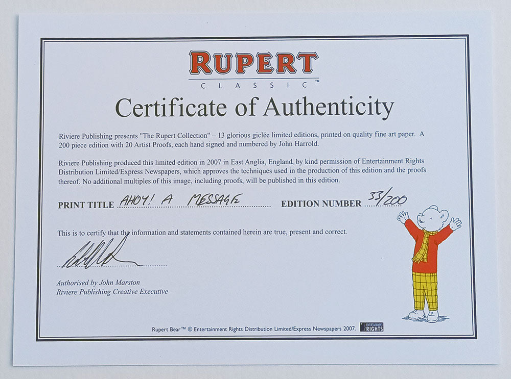Rupert Bear signed print by John Harrold - Ahoy, a Bottle!