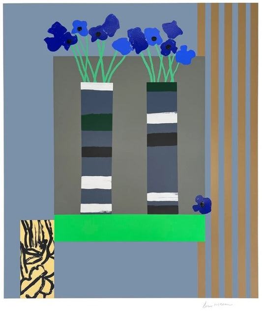Bruce McLean - Two Minimal Vases in a Grey interior with Blue Anemones, 2022
