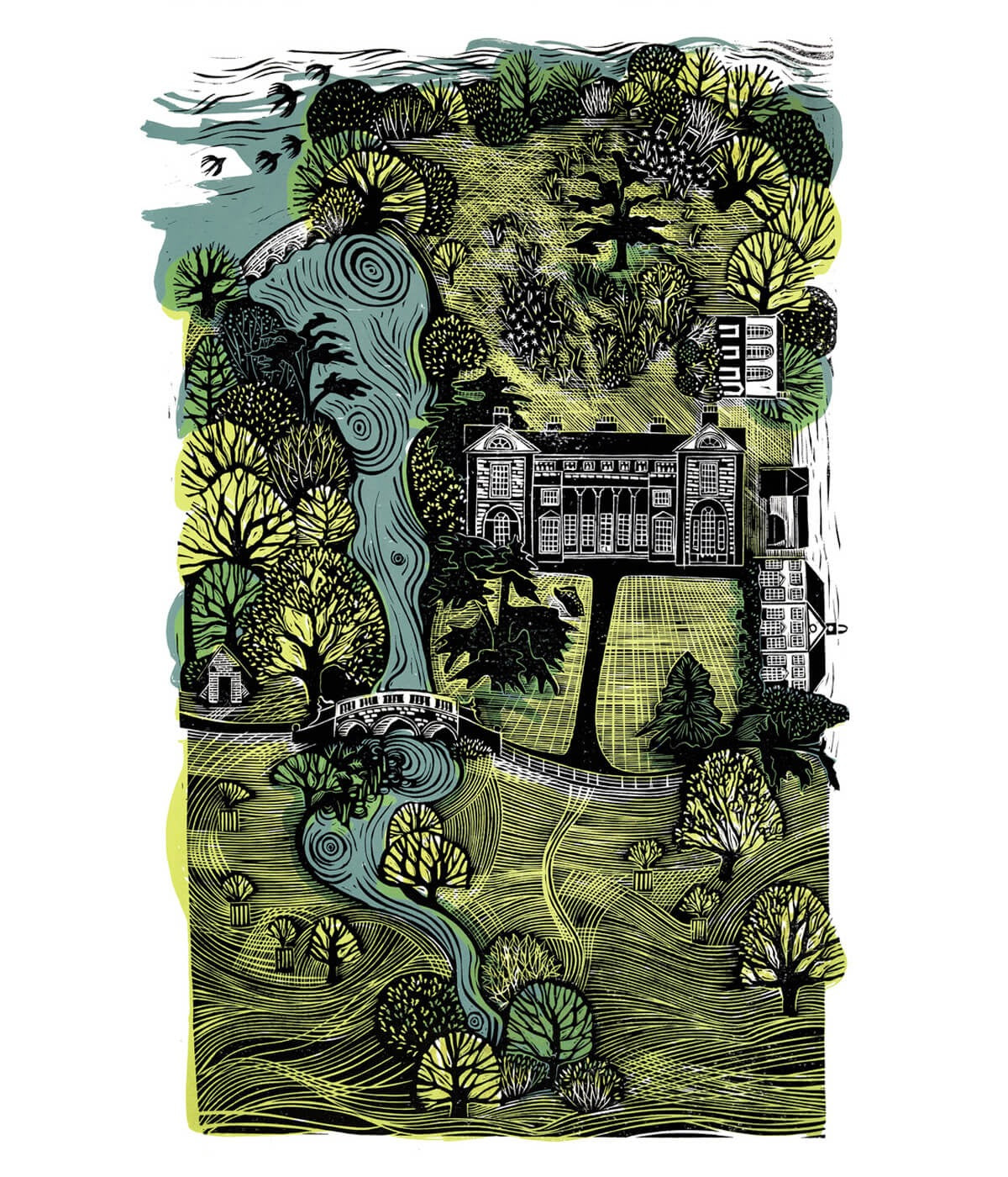 Compton Verney - Linocut print by Sarah Kirby
