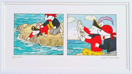 Rupert Bear signed print by John Harrold - Ahoy, a Bottle!