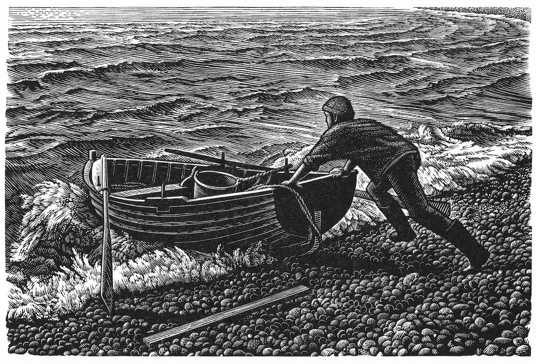 Howard Phipps original wood engraving - Chesil Boatmen