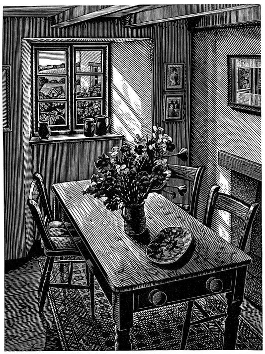 Howard Phipps original wood engraving - Cottage Interior