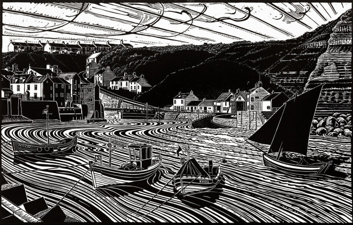 James Dodds original linocut - Keel Boats and Cobles, Staithes