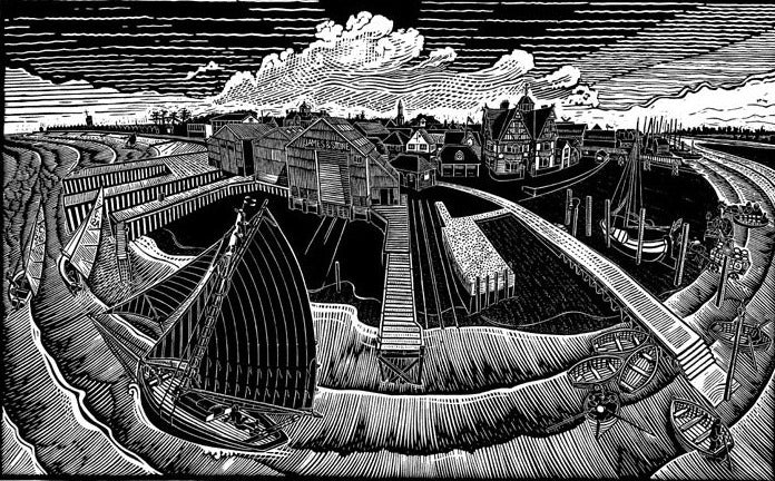 James Dodds original linocut - Brightlingsea Past and Present