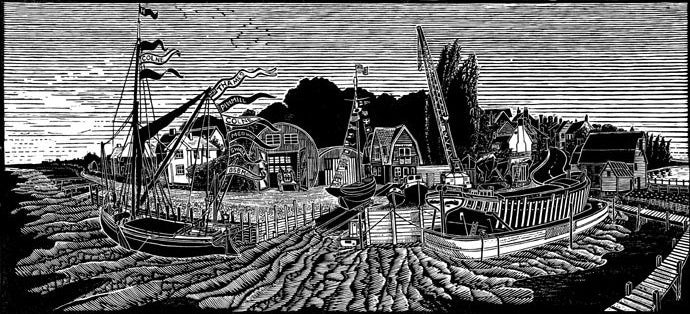 James Dodds original linocut - St Osyth Boatyard